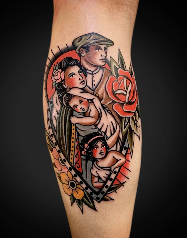 Traditional Family, Rose tattoo on Calf