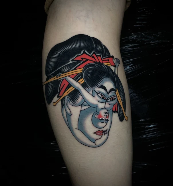 Traditional Geisha tattoo on Calf