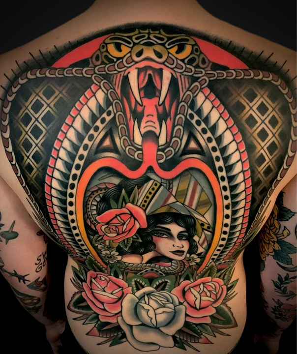 Neo Traditional Snake, Woman tattoo on Full Back