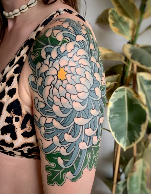 Japanese Flower, Leaf tattoo on Upper Arm