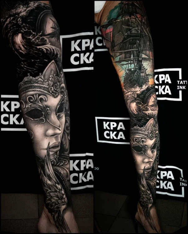 Реализм Mask, Ship tattoo на Full leg