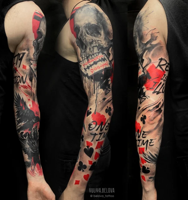 Трэш-полька Skull, Playing cards tattoo на Полный рукав