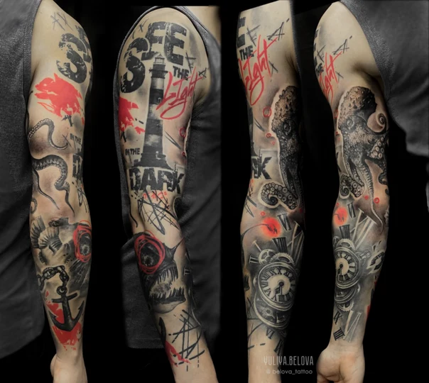 Трэш-полька Octopus, Lighthouse tattoo на Полный рукав