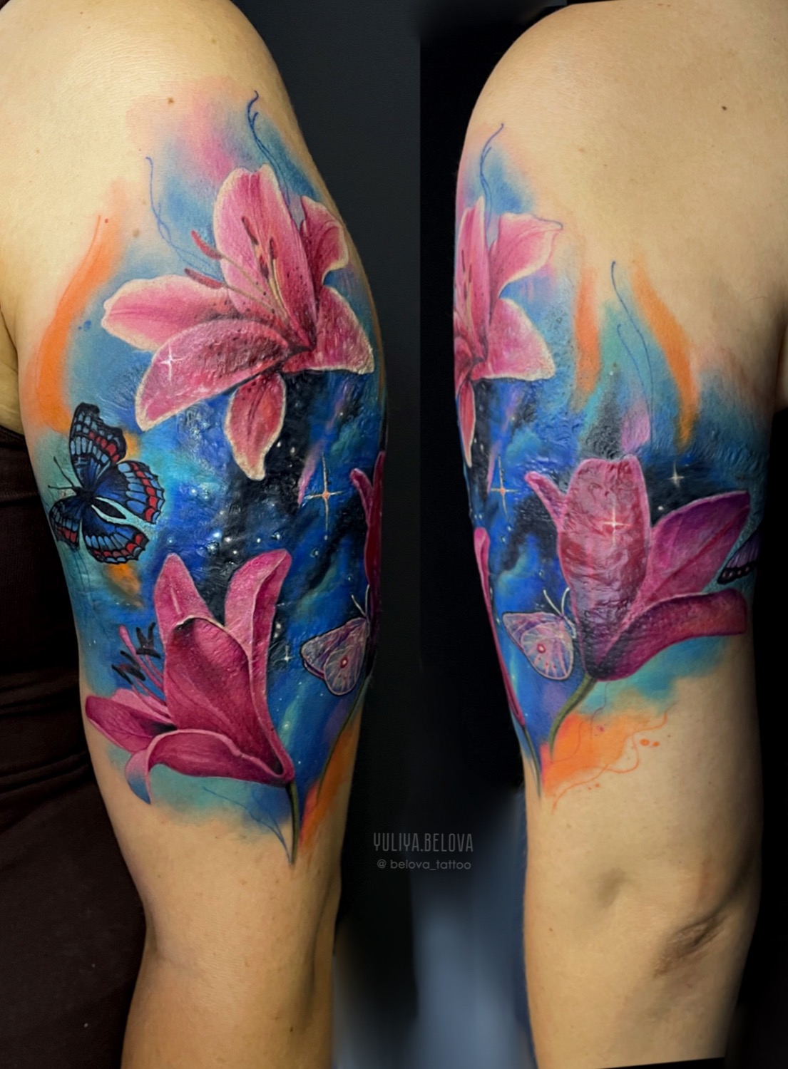 Акварель Flower, Butterfly tattoo на Плечо