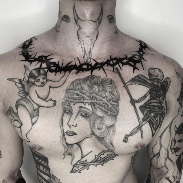 Blackwork Skull, Angel tattoo on Chest