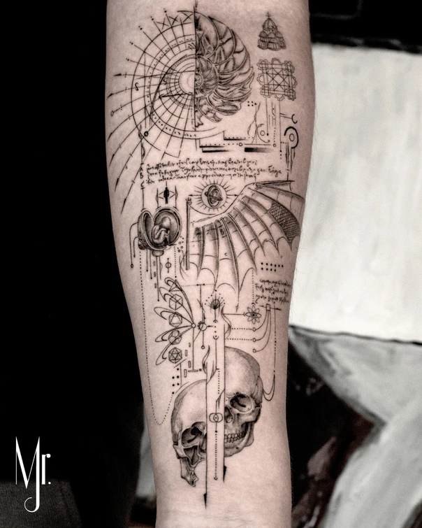 Sketch Skull, Geometric tattoo on Forearm