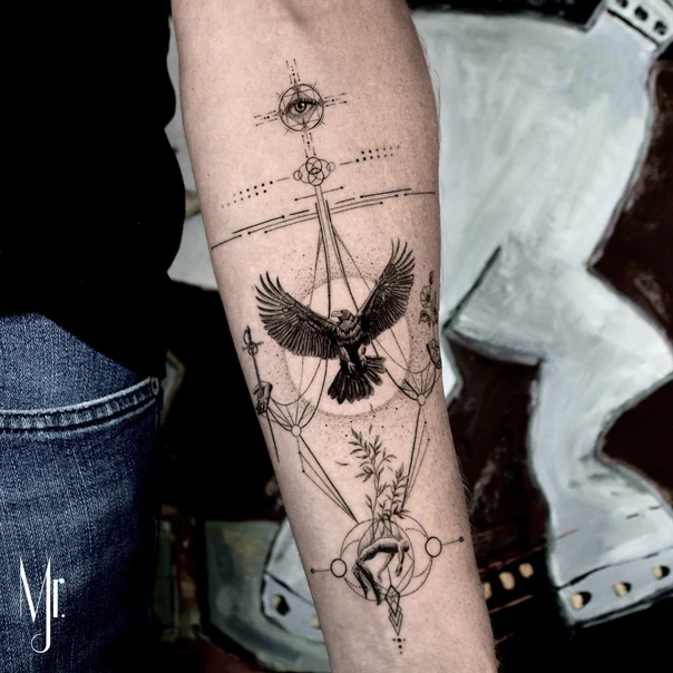 Geometric Eagle, Eye tattoo on Forearm