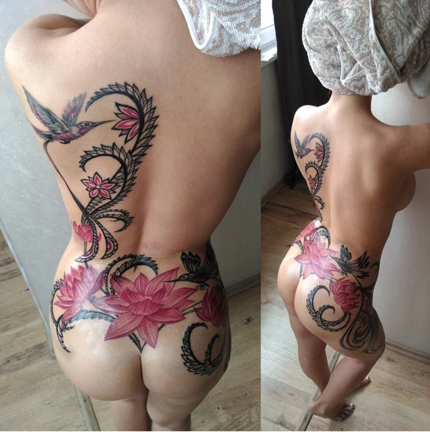 Botanic Flowers, Hummingbird tattoo on Full Back