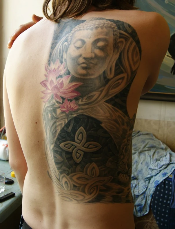 Realism Buddha, Lotus tattoo on Upper Back