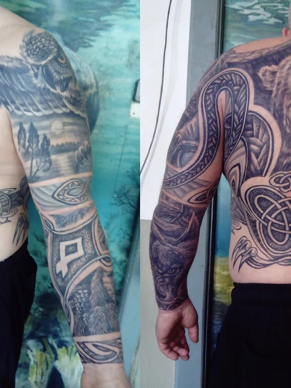 male black and grey black and grey татуировка на full sleeve #72452 | Тату мастер Александр Кольцов