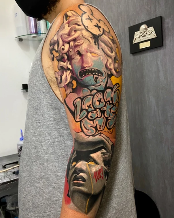 Neo Traditional Statue, Graffiti tattoo on Full Sleeve