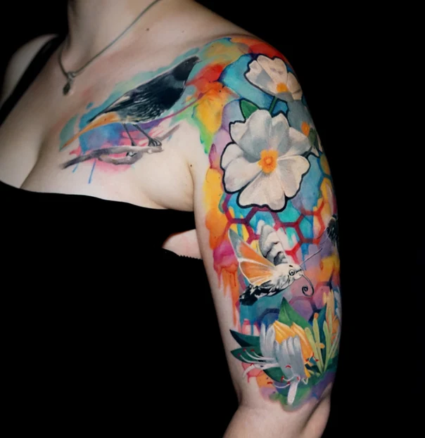 Watercolor Bird, Flowers tattoo on Full Sleeve