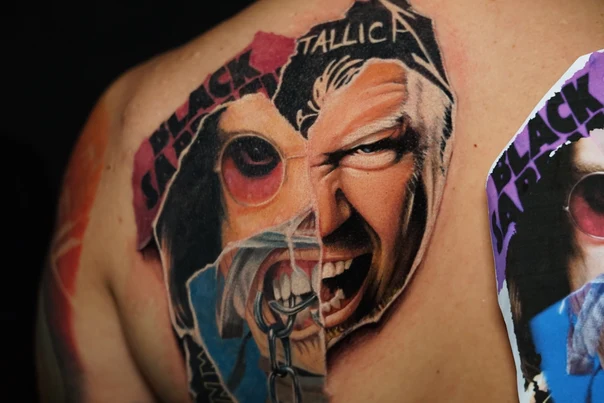 Realism Portrait, Band logo tattoo on Upper Back