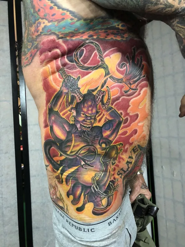 male color illustrative tattoo on thigh #72506 | Tattoo Artist Tala