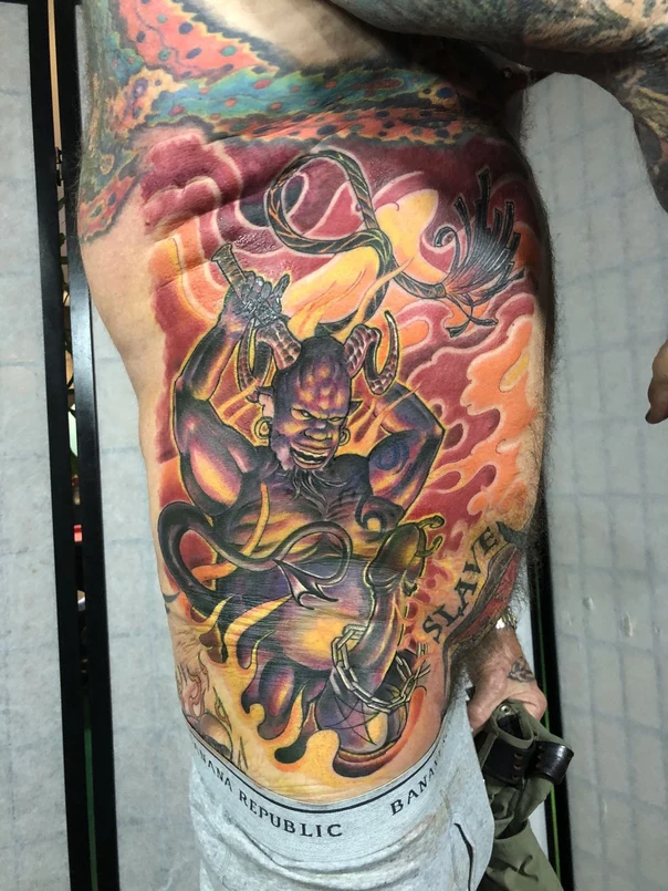 Illustrative Demon, Fire tattoo on Thigh