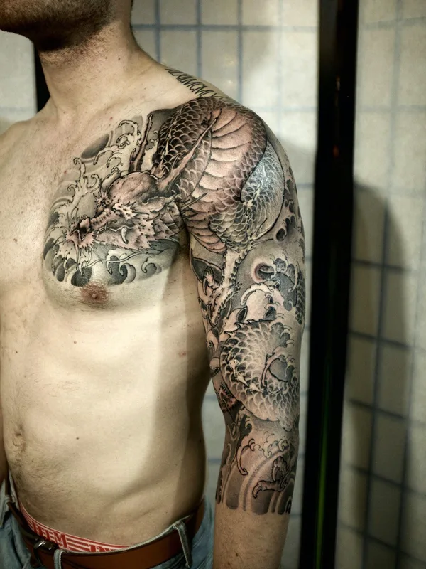 male black and grey japanese tattoo on full sleeve #72507 | Tattoo Artist Tala