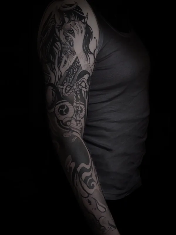 black and grey japanese татуировка на full sleeve #72523 | Тату мастер baaad.ink