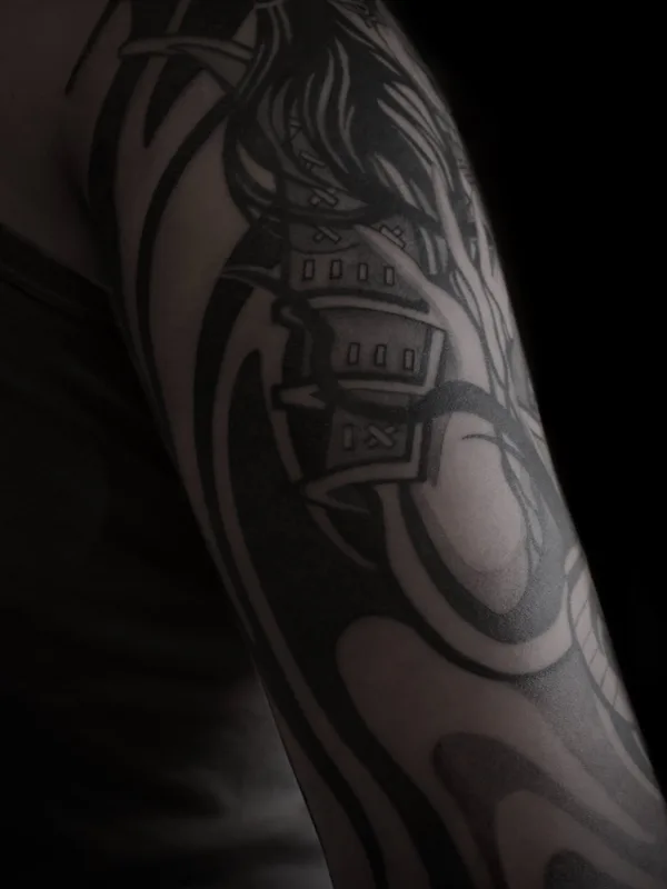 black and grey blackwork татуировка на full sleeve #72527 | Тату мастер baaad.ink