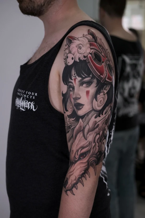 Japanese Anime, Wolf tattoo on Full Sleeve