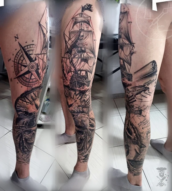 Чёрно-серая Ship, Skull tattoo на Нога целиком
