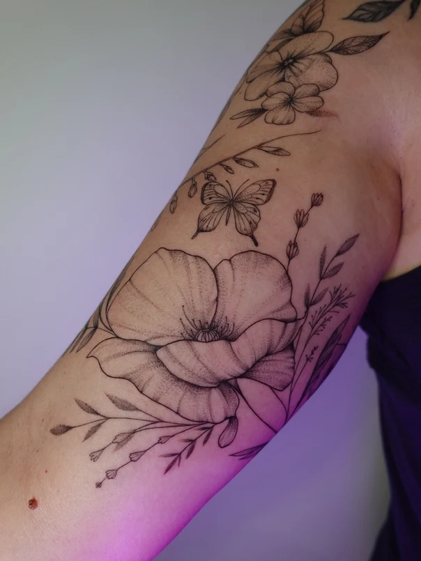Fineline Flower, Butterfly tattoo on Forearm