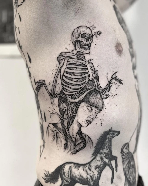 Blackwork Skeleton, Woman tattoo on Ribcage