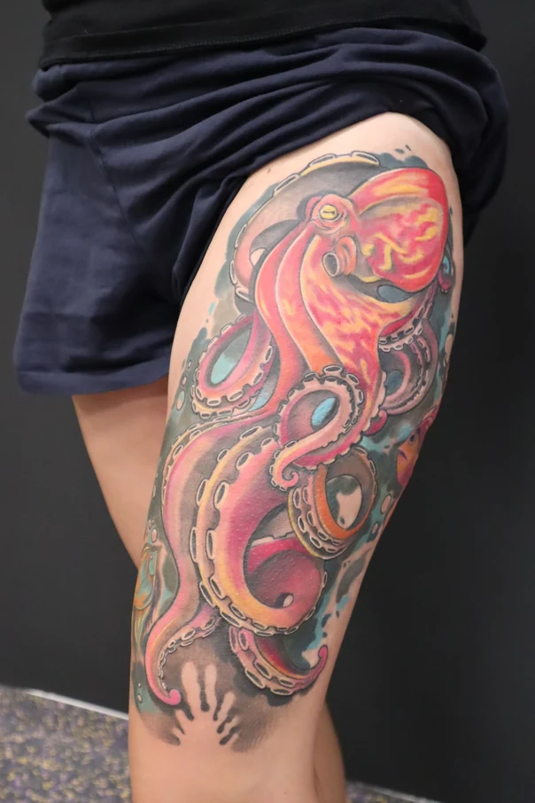 Illustrative Octopus, Sea creature tattoo on Thigh