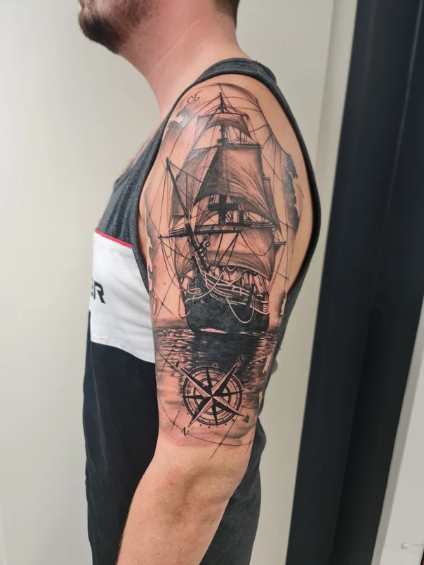 Black & Grey Ship, Compass tattoo on Full Sleeve