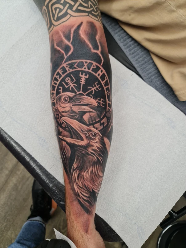 Black & Grey Raven, Celtic tattoo on Forearm