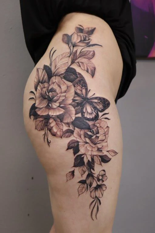 Realism Flowers, Butterfly tattoo on Thigh
