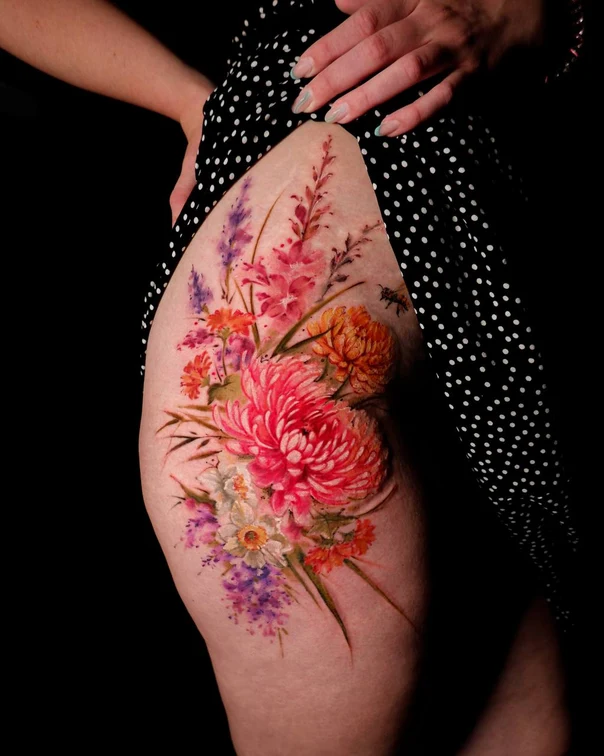 Watercolor Flowers, Bee tattoo on Thigh
