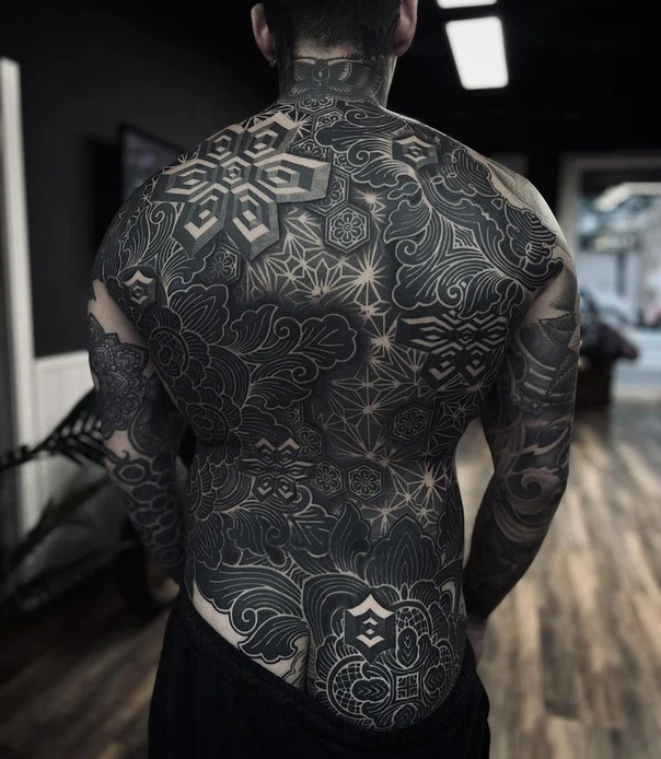 Blackwork Geometric, Floral tattoo on Full Back