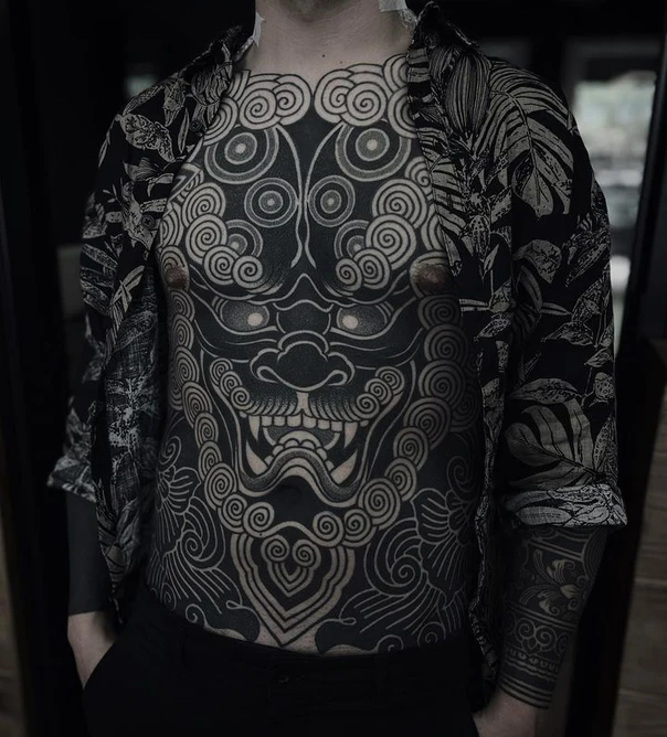Blackwork Demon, Clouds tattoo on Chest
