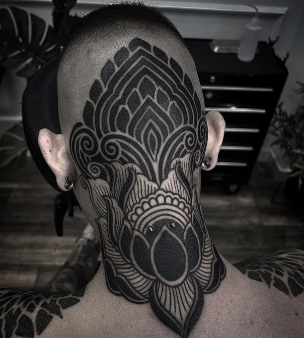 Blackwork Floral, Geometric tattoo on Back of Neck