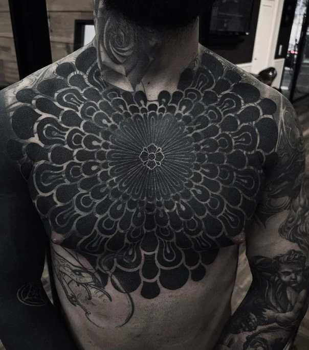 Blackwork Mandala, Floral tattoo on Chest