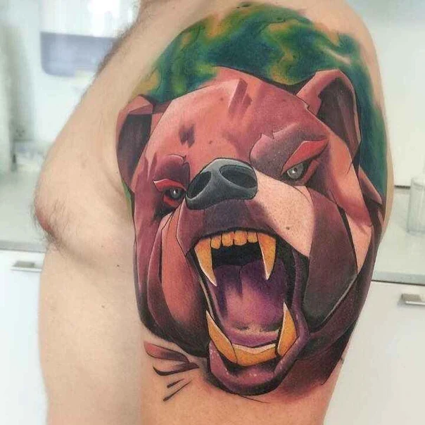 Illustrative Bear, Animal tattoo on Shoulder