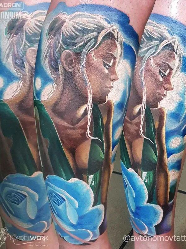 female color realism tattoo auf calf #1556 | Tätowierer Антон Автономов