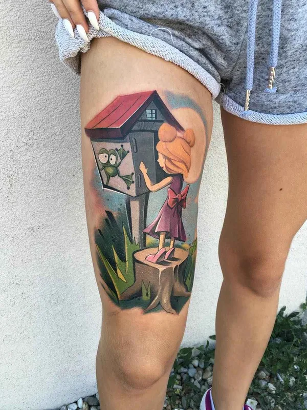 female color cartoon tattoo on thigh #1462 | Tattoo Artist Matej Martius