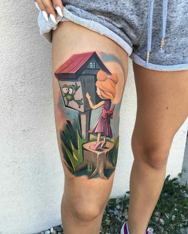 Cartoon Girl, Frog tattoo on Thigh