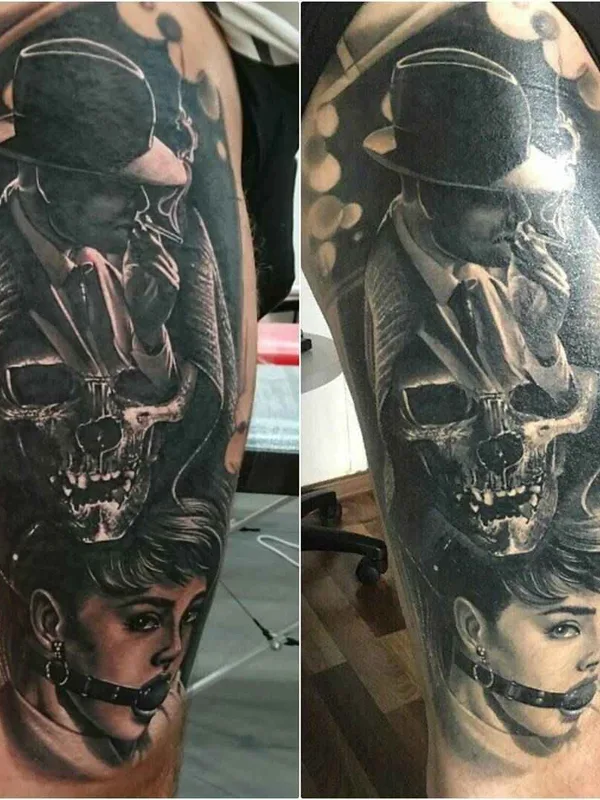 black and grey realism tattoo on thigh #1493 | Tattoo Artist Макс Корнев