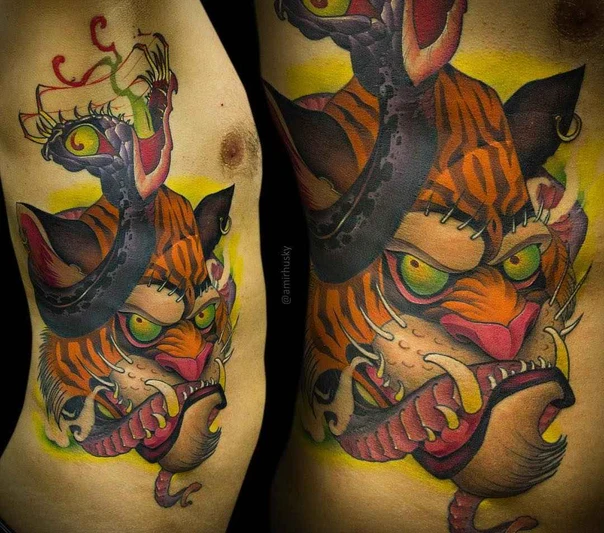 Neo-traditional Tiger, Snake tattoo на Side