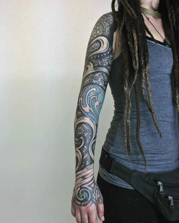 Ornamental Waves, Geometric tattoo on Full Sleeve