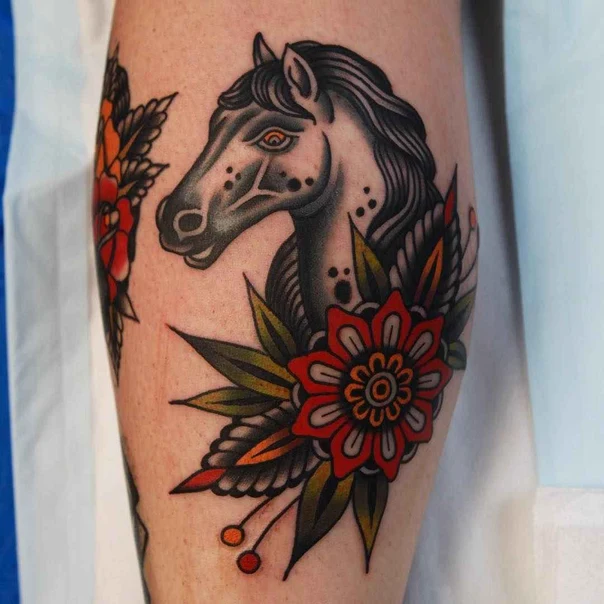 Neo Traditional Horse, Flower tattoo on Calf
