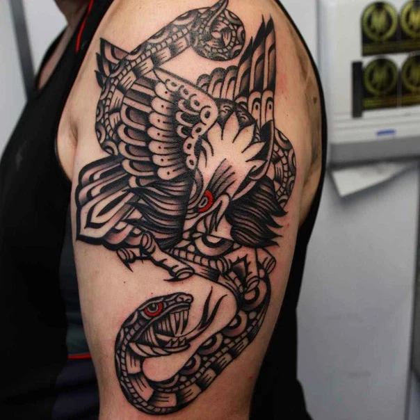 Neo Traditional Eagle, Snake tattoo on Upper Arm