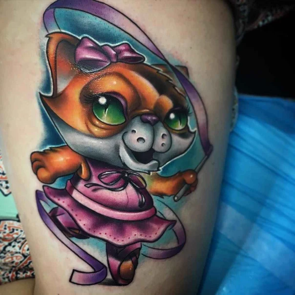 Cartoon Cat, Ribbon tattoo on Thigh