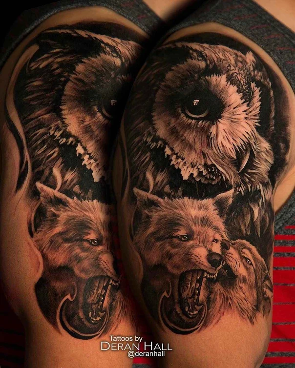 Realism Owl, Wolf tattoo on Shoulder