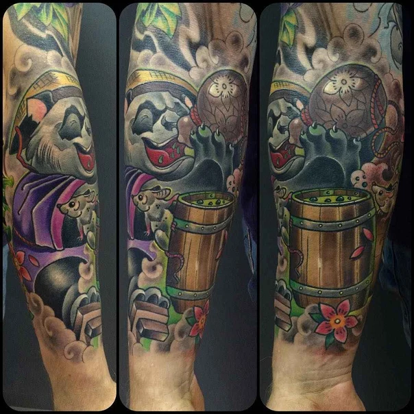 Японская Panda, Owl tattoo на Полный рукав