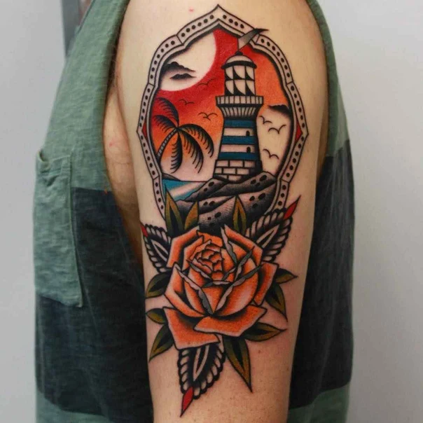 Old School Lighthouse, Rose tattoo on Upper Arm
