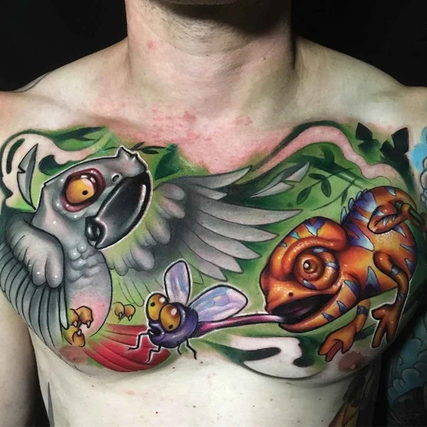 Cartoon Parrot, Chameleon tattoo on Chest