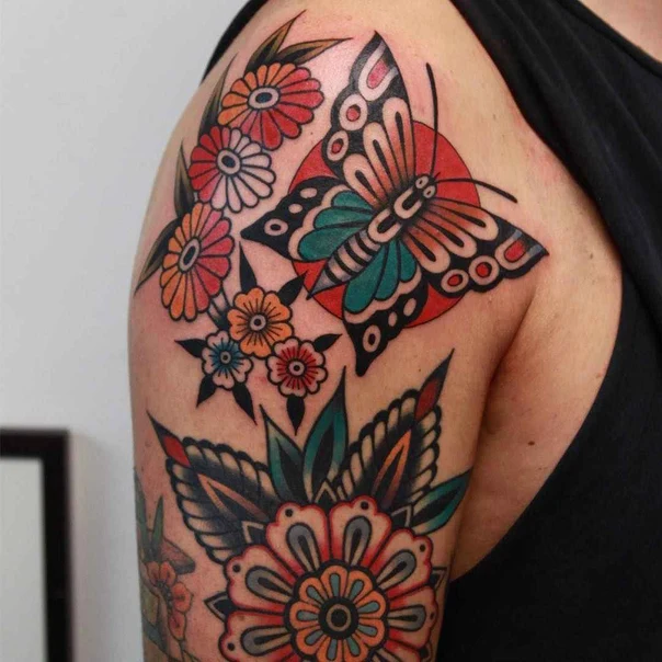 Traditional Butterfly, Flowers tattoo on Shoulder
